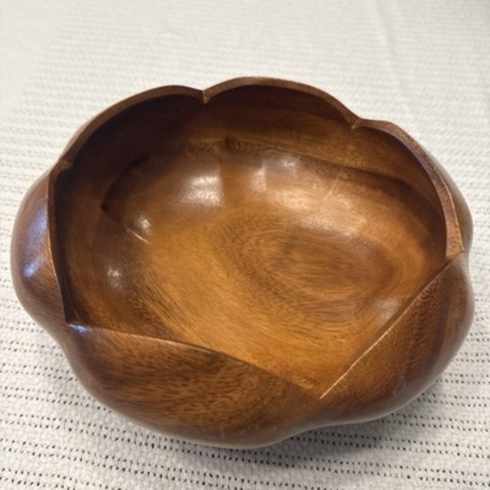Vintage MCM Scalloped Monkeypod Wood Bowl Handmade 9”